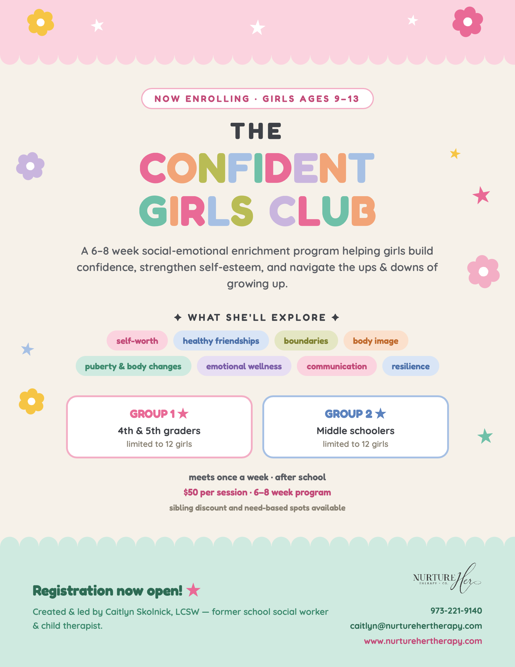 The Confident Girls Club flyer — a 6 to 8 week social-emotional enrichment program for girls ages 9 to 13 in New Jersey, now enrolling